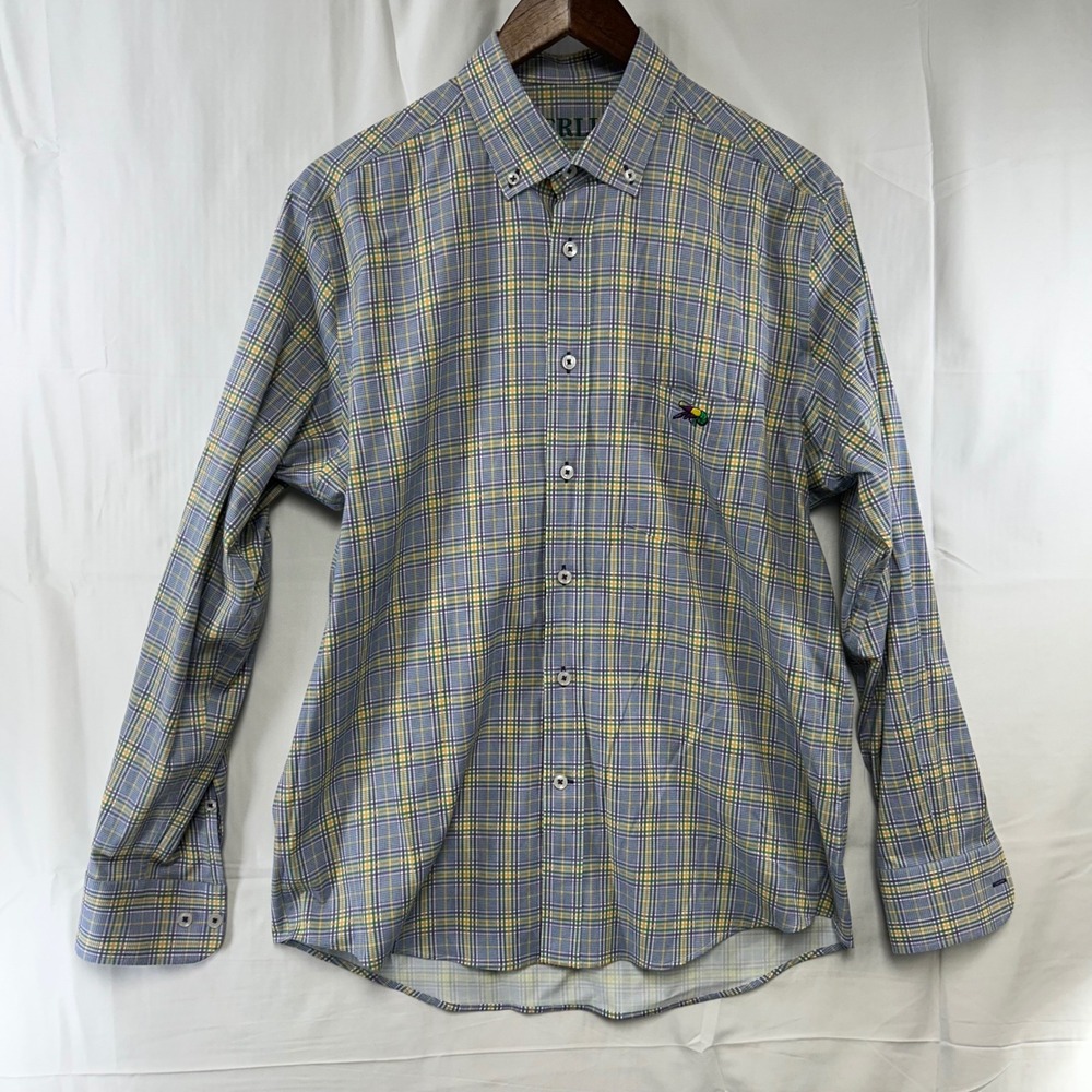 Perlis Button Down Shirt Mens Medium Multicolor Plaid Mardi Gras Crawfish Logo
